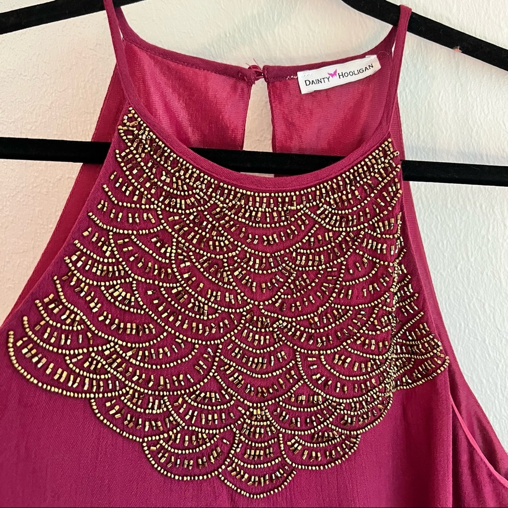 Dainty Hooligan Fuchsia Midi Dress with Gold Beaded Yoke